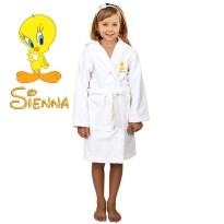 Yellow Bird Cartoon Design & Custom Name Embroidery on Kids Hooded Bathrobe